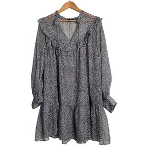 Eloquii Shirt Tunic Top Sz 18/20 Gray Sheer Animal Print Ruffles Tiered Babydoll